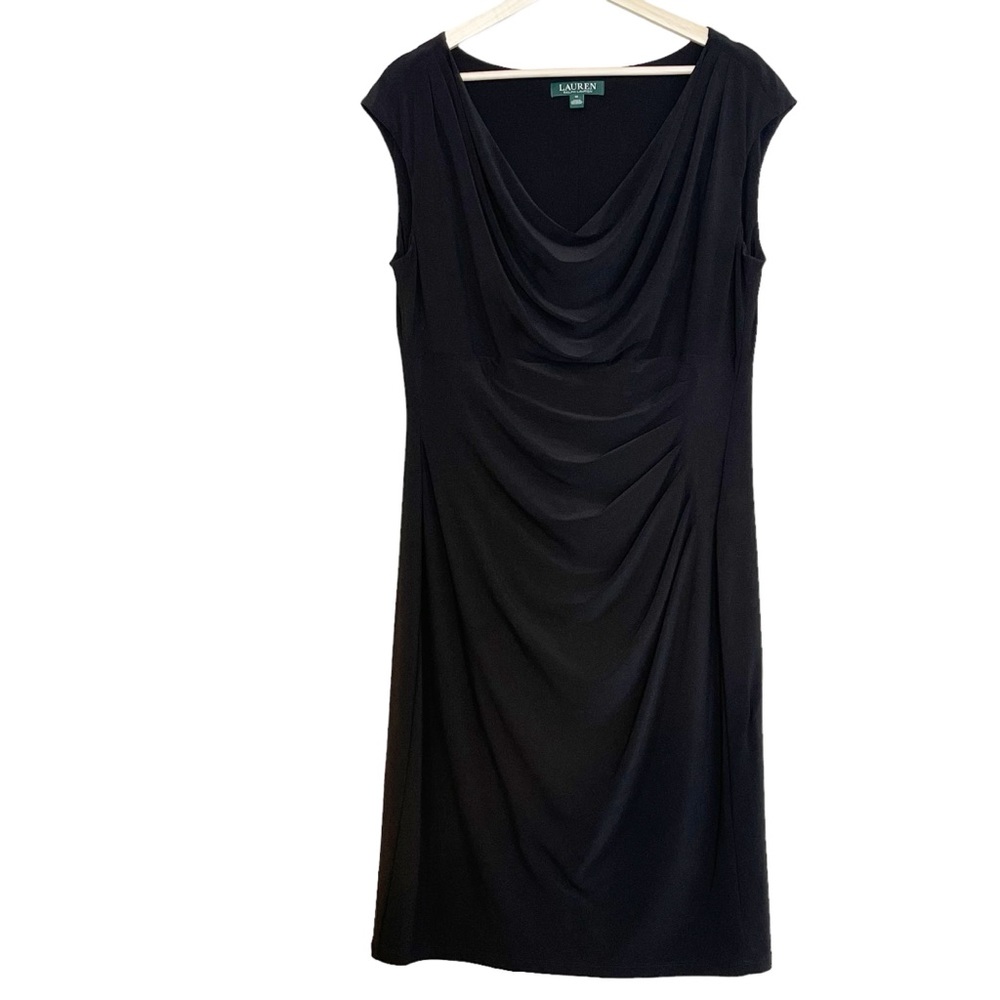 Lauren Ralph Lauren Stretch Knit Ruched Front Black Knee Length Dress Size 14
